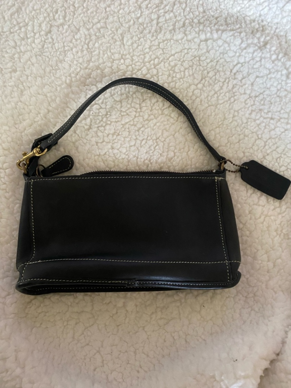 Coach Black Leather Wristlet with White Stitching and Gold Hardware